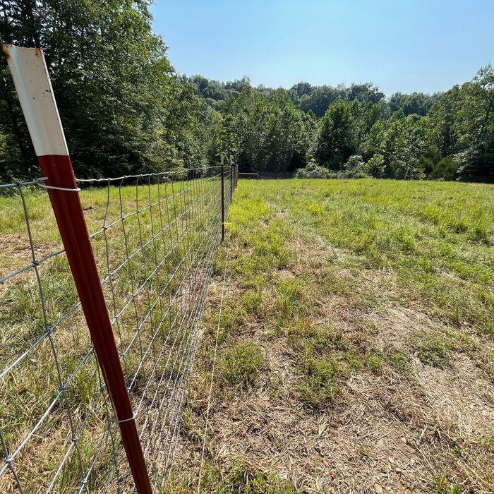 T post and wire livestock fence crossing a rough pasture at the tree line